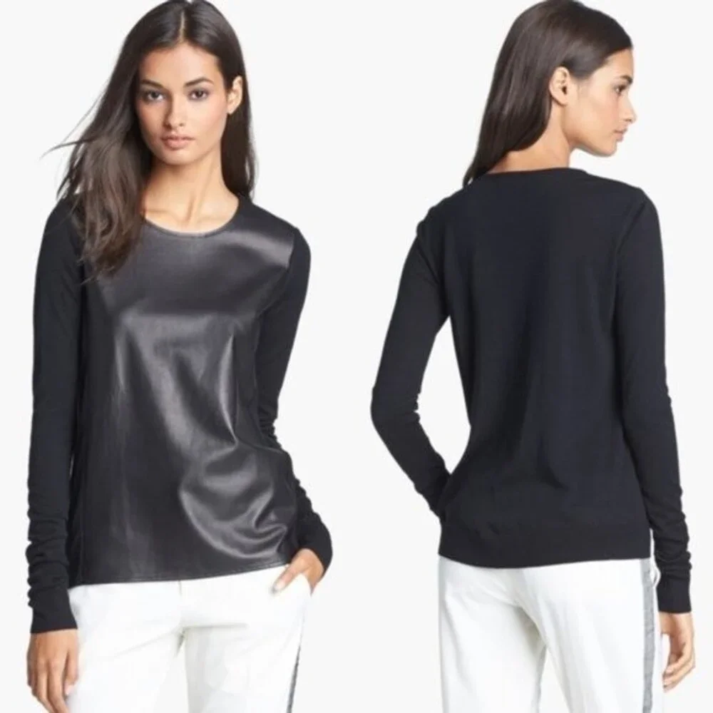 Vince Leather Front, Merino Wool Knit Back Pullover long sleeve sweater top XS